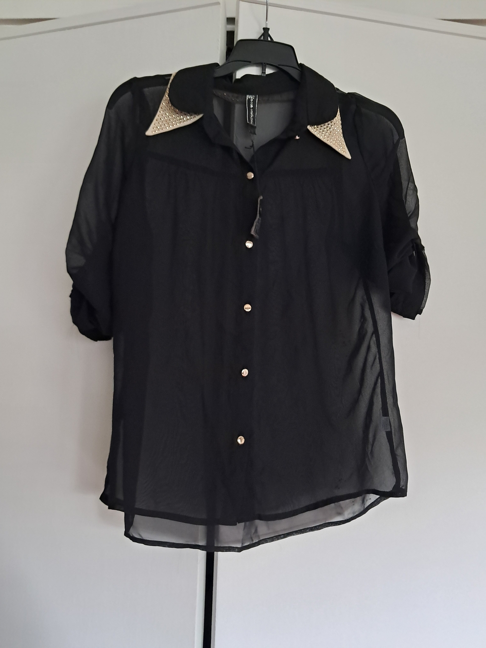 Posh Couture Women's Black Sheer Button-Up Top with Studded Collar